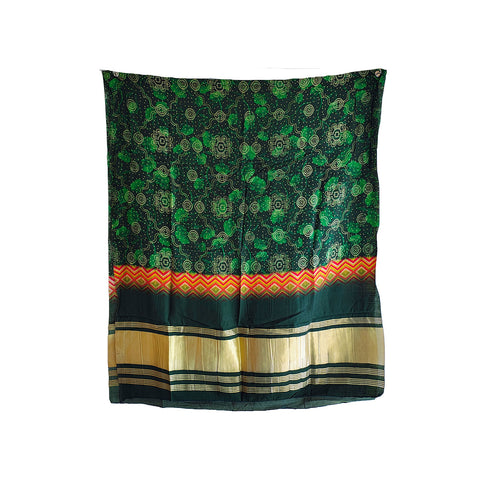 India Scarves Traditional Semi Gaji Silk Dupatta, Multi Color with Bandhani Print and Jari Gold Border( Green color)