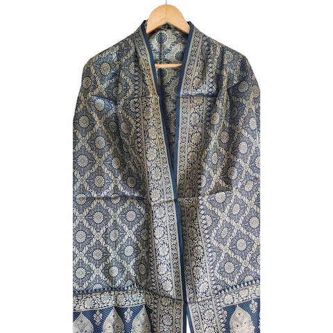 India scarves Banarasi Brocade with Floral Grid, Ornamental Border, and Tassel Finish