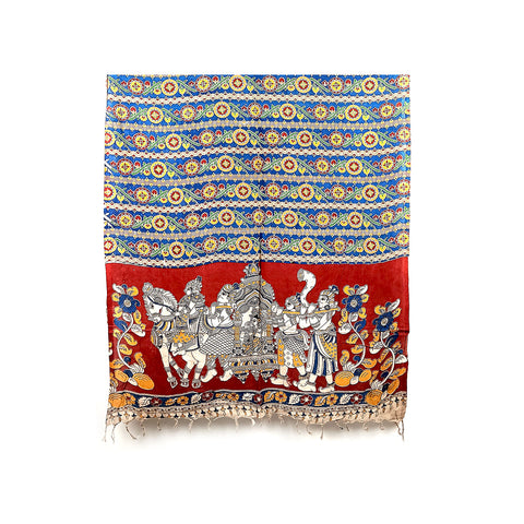 Original Kalamkari Hand Block Printed Pure Silk Stole in Dark Blue, Yellow, and Maroon, featuring Music Instruments and Bridal Palki Patterns 115 x 225 cm