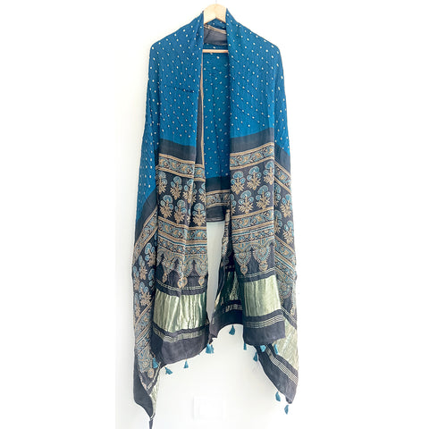 Azure Beauty: Modal Silk Dupatta Adorned with Ajrak Bandhani Masterpiece