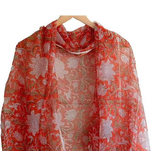 India Scarves Bagru Hand Block Floral Kota Doria silk cotton Dupatta(orange)