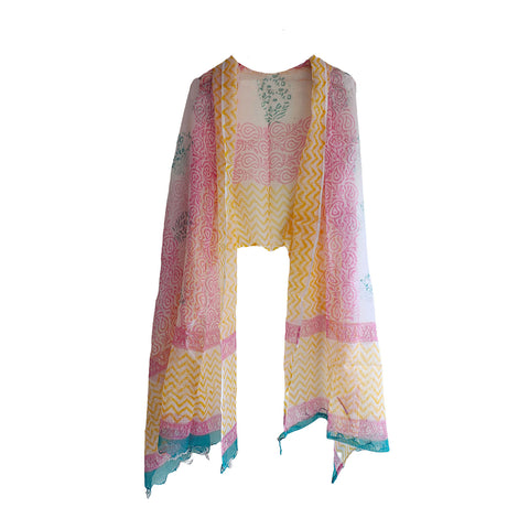 India Scarves Bagru Hand Block Floral kota Doria silk cotton Dupatta(Yellow ,Pink And Blue)