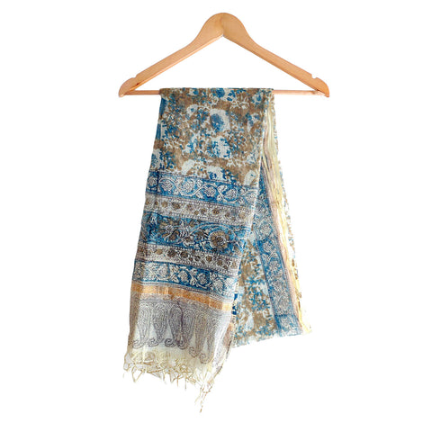 India Scarves Kota Doria Kalamkari Cotton Silk Grey  Colour Floral Dupatta