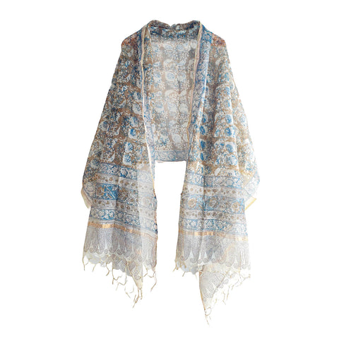 India Scarves Kota Doria Kalamkari Cotton Silk Grey  Colour Floral Dupatta