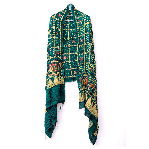 PURE Gaji Silk Gada Border Bandhej Green Dupatta