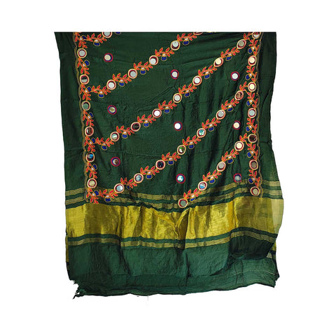 Handcrafted Purple Silk Dupatta with Gold Border, Floral Embroidered Mirror Work, Traditional Indian Scarf