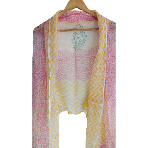 India Scarves Bagru Hand Block Floral kota Doria silk cotton Dupatta(Yellow ,Pink And Blue)