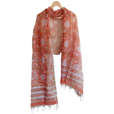 India Scarves Bagru Hand Block Floral Kota Doria silk cotton Dupatta(orange)