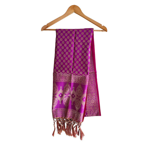 India scarves Banarasi Brocade with Floral Grid, Ornamental Border, and Tassel Finish