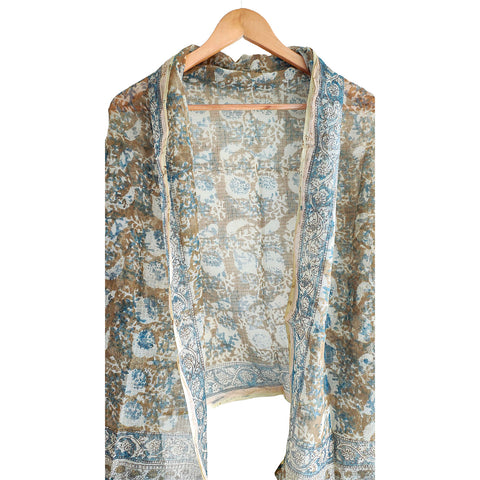 India Scarves Kota Doria Kalamkari Cotton Silk Grey  Colour Floral Dupatta
