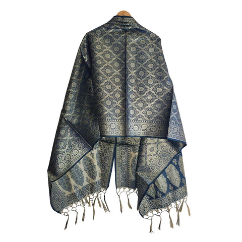 India scarves Banarasi Brocade with Floral Grid, Ornamental Border, and Tassel Finish