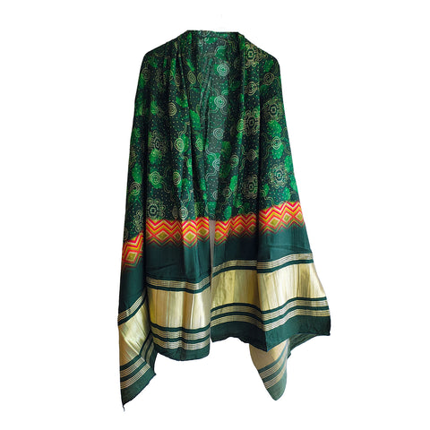 India Scarves Traditional Semi Gaji Silk Dupatta, Multi Color with Bandhani Print and Jari Gold Border( Green color)