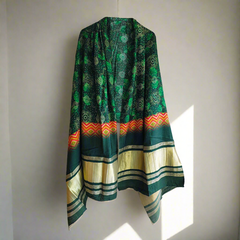 India Scarves Traditional Semi Gaji Silk Dupatta, Multi Color with Bandhani Print and Jari Gold Border( Green color)
