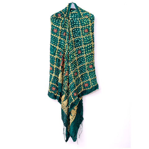 PURE Gaji Silk Gada Border Bandhej Green Dupatta