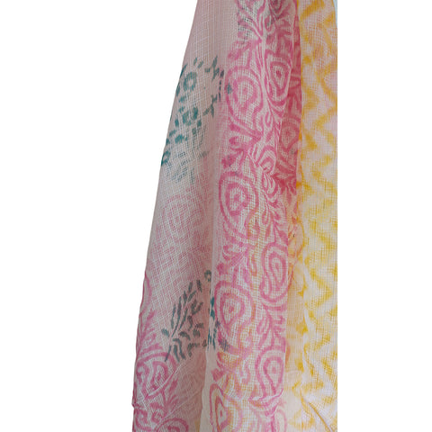 India Scarves Bagru Hand Block Floral kota Doria silk cotton Dupatta(Yellow ,Pink And Blue)