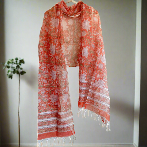 India Scarves Bagru Hand Block Floral Kota Doria silk cotton Dupatta(orange)