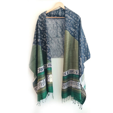 Bastar Tribal Art Kosa Silk Handloom Dupatta: Block Printed Fish Motifs, Deers, Trabal Culture