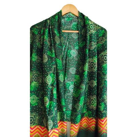 India Scarves Traditional Semi Gaji Silk Dupatta, Multi Color with Bandhani Print and Jari Gold Border( Green color)