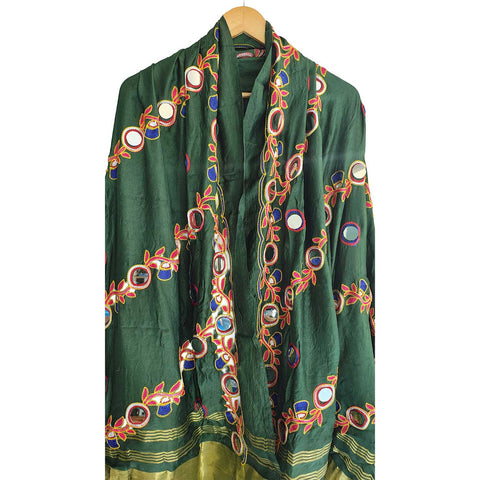 Handcrafted Purple Silk Dupatta with Gold Border, Floral Embroidered Mirror Work, Traditional Indian Scarf