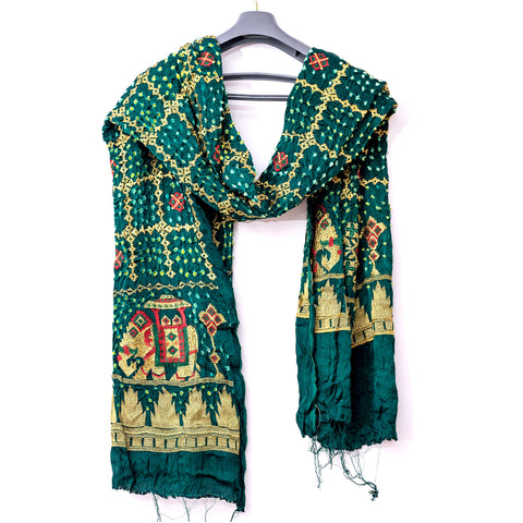 PURE Gaji Silk Gada Border Bandhej Green Dupatta