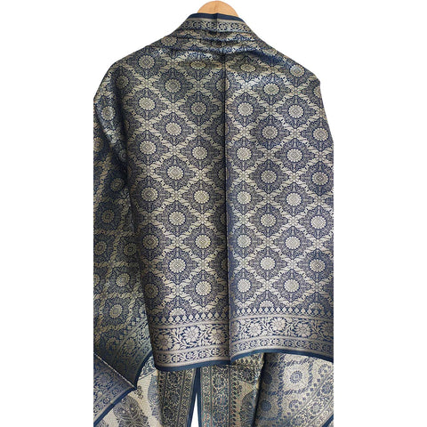 India scarves Banarasi Brocade with Floral Grid, Ornamental Border, and Tassel Finish