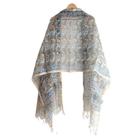 India Scarves Kota Doria Kalamkari Cotton Silk Grey  Colour Floral Dupatta