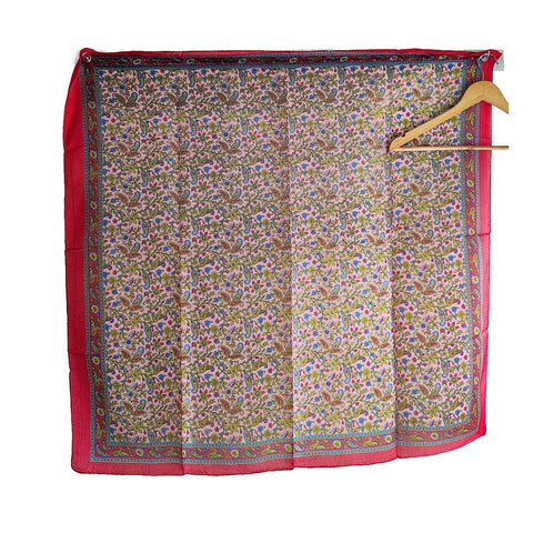 India Scarves Floral Paisley Print Silk Scarf, Light Weight Square Neck Wrap,  Border Pattern, 100x100 cm