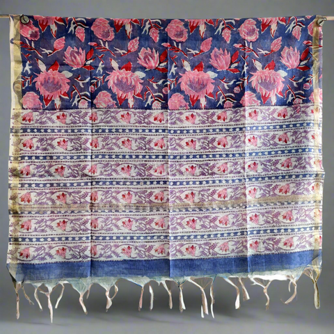 Chanderi Bagru Hand Block Printed Purple and Pink Floral Stole