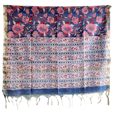 Chanderi Bagru Hand Block Printed Purple and Pink Floral Stole