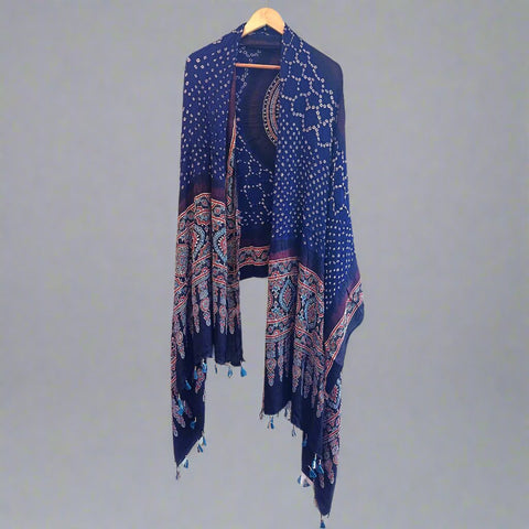Elegantly Crafted Modal Silk Blue Dupatta with Ajrak Bandhani Artistry