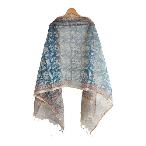 India Scarves Kota Doria Kalamkari Cotton Silk  Blue Colour Floral Dupatta