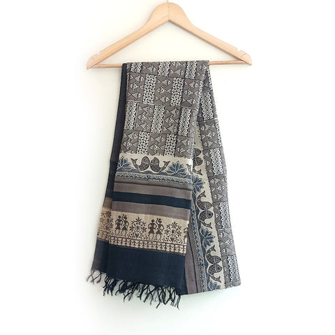 Bastar Tribal Art Kosa Silk Handloom Dupatta: Block Printed Fish Motifs, Deers, Trabal Culture