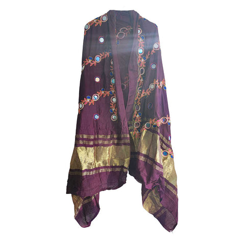Handcrafted Purple Silk Dupatta with Gold Border, Floral Embroidered Mirror Work, Traditional Indian Scarf