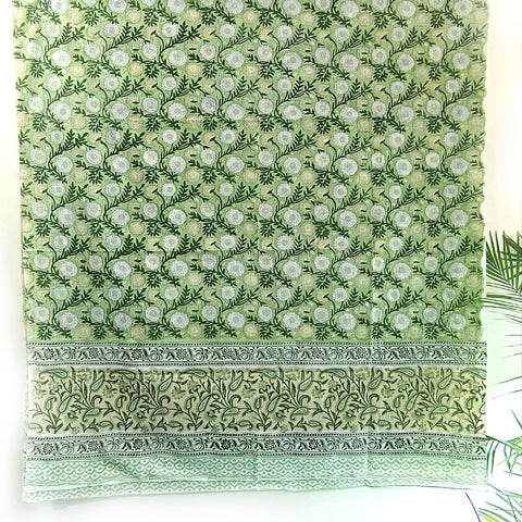 Bagru Hand Block Floral Print Green Color Cotton Dupatta Size 115X250 Cm