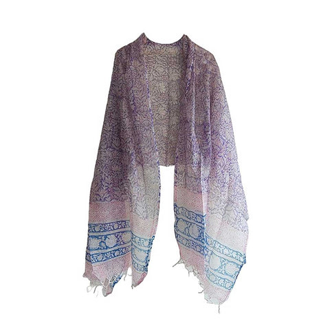 India Scarves Bagru Hand Block Floral Kota Doria Cotton Silk Floral Dupatta ( Purple )