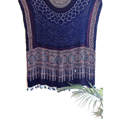 Elegantly Crafted Modal Silk Blue Dupatta with Ajrak Bandhani Artistry
