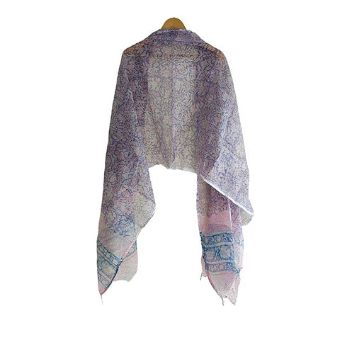India Scarves Bagru Hand Block Floral Kota Doria Cotton Silk Floral Dupatta ( Purple )