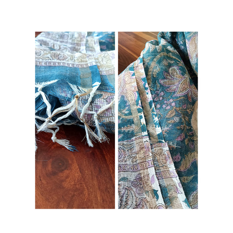 India Scarves Bagru Hand Block Floral kota Doria silk cotton Velvet Blue Dupatta