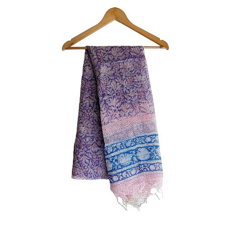 India Scarves Bagru Hand Block Floral Kota Doria Cotton Silk Floral Dupatta ( Purple )