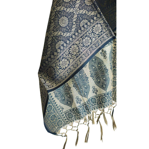 India scarves Banarasi Brocade with Floral Grid, Ornamental Border, and Tassel Finish
