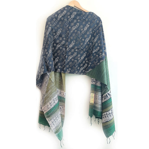 Bastar Tribal Art Kosa Silk Handloom Dupatta: Block Printed Fish Motifs, Deers, Trabal Culture