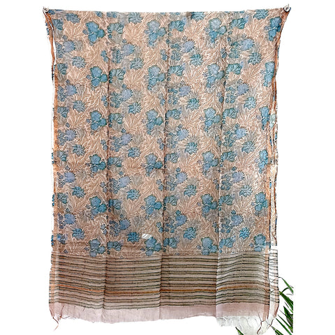 India Scarves Kota Doria Cotton Silk Grey and Blue Floral Dupatta