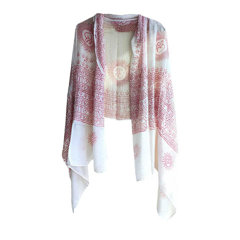 India Scarf Rayon Sarong with Hand-Printed Om Motifs( White And Pink )