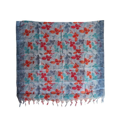 Khadi Cotton Floral Print Design Dupatta(Grey And Orange )