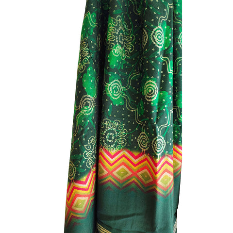 India Scarves Traditional Semi Gaji Silk Dupatta, Multi Color with Bandhani Print and Jari Gold Border( Green color)