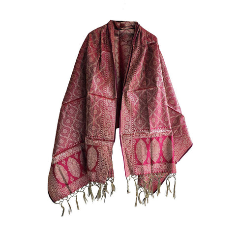 India scarves Banarasi Brocade with Floral Grid, Ornamental Border, and Tassel Finish