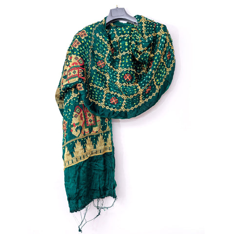 PURE Gaji Silk Gada Border Bandhej Green Dupatta