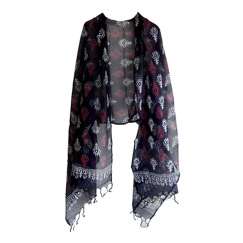 India Scarves Bagru Hand Block Floral kota Doria silk cotton Dupatta (Black)