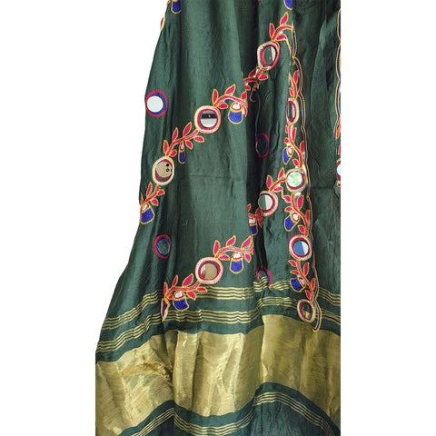 Handcrafted Purple Silk Dupatta with Gold Border, Floral Embroidered Mirror Work, Traditional Indian Scarf