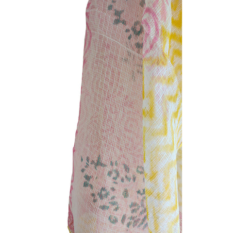 India Scarves Bagru Hand Block Floral kota Doria silk cotton Dupatta(Yellow ,Pink And Blue)